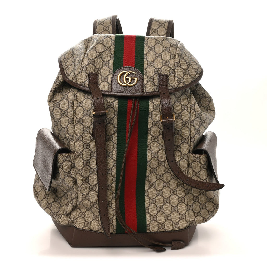 Gucci GG Supreme Monogram Medium Ophidia Double Buckle Backpack Brown