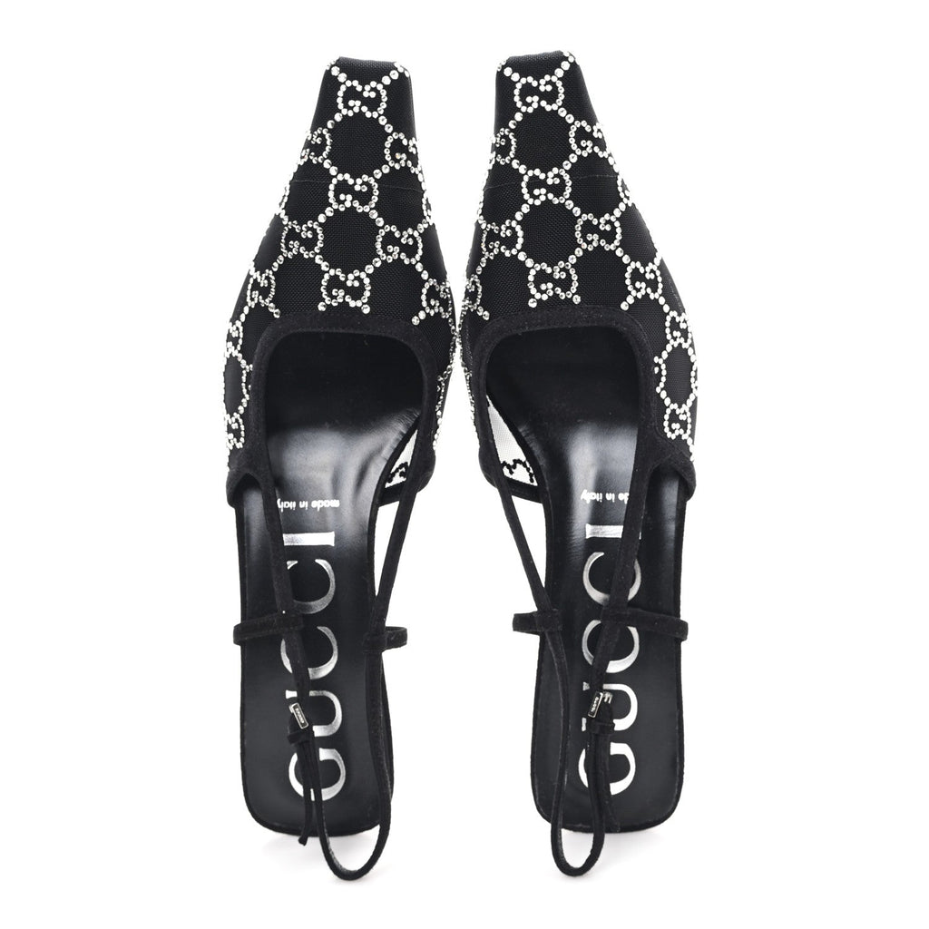 Gucci Tela Retino Kid Scamosciato Crystal GG Monogram Square G 35mm Slingback Pumps 39.5 Black