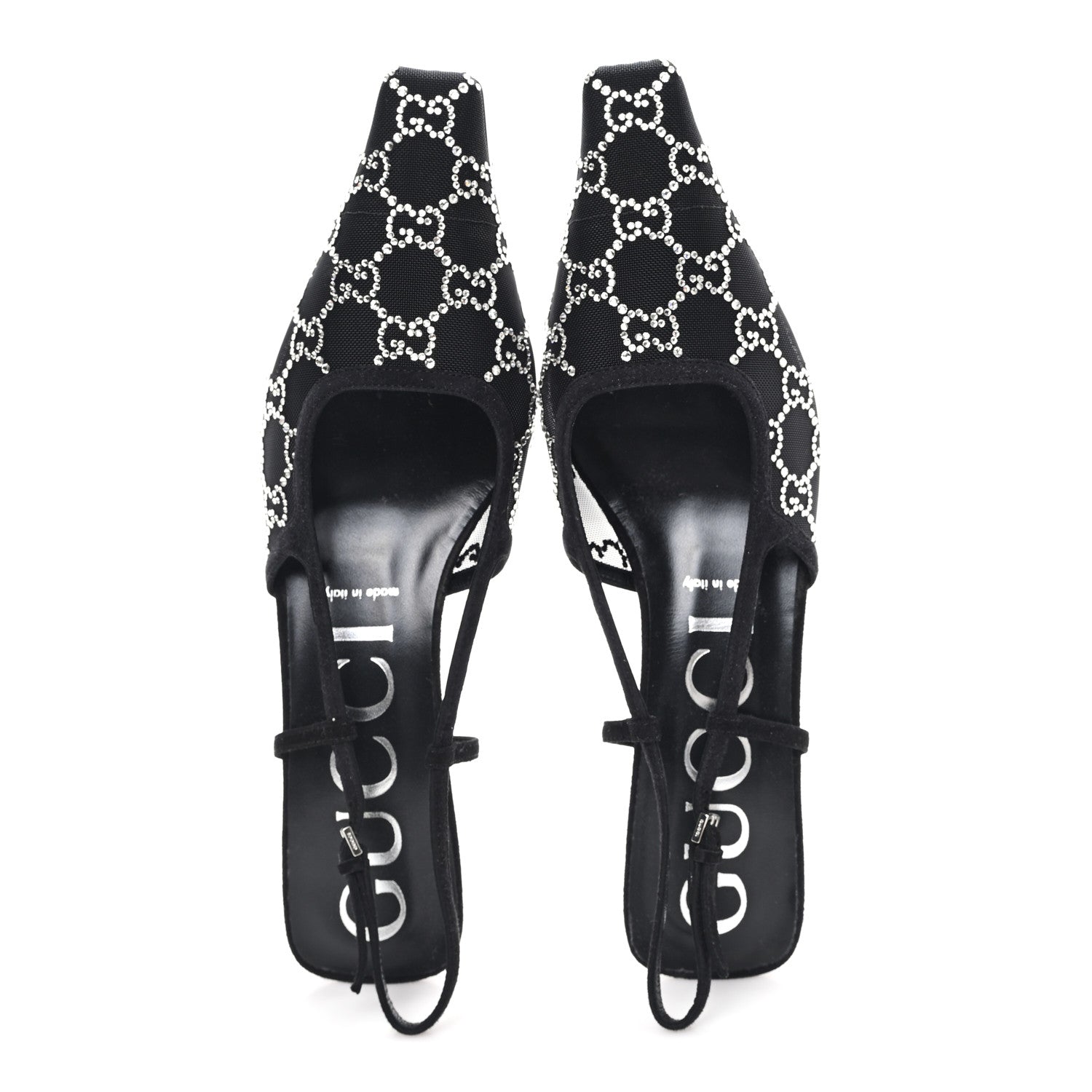 Gucci Tela Retino Kid Scamosciato Crystal GG Monogram Square G 35mm Slingback Pumps 39.5 Black