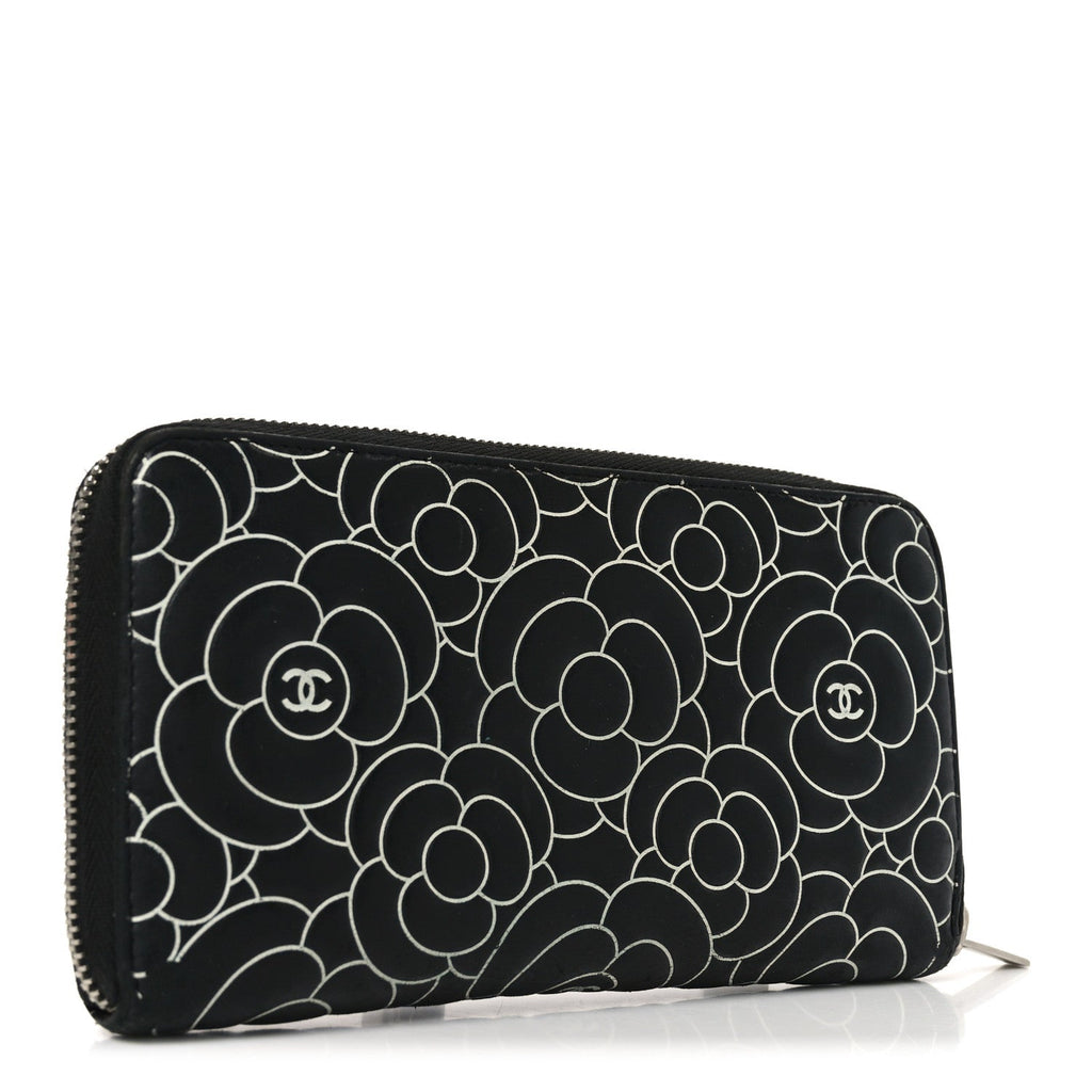 Lambskin Camellia Embossed Large Zip Around Gusset Wallet Black White