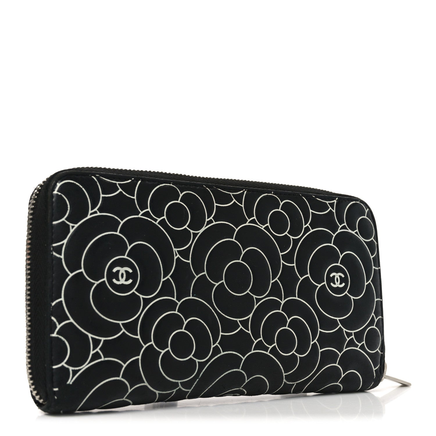 Lambskin Camellia Embossed Large Zip Around Gusset Wallet Black White