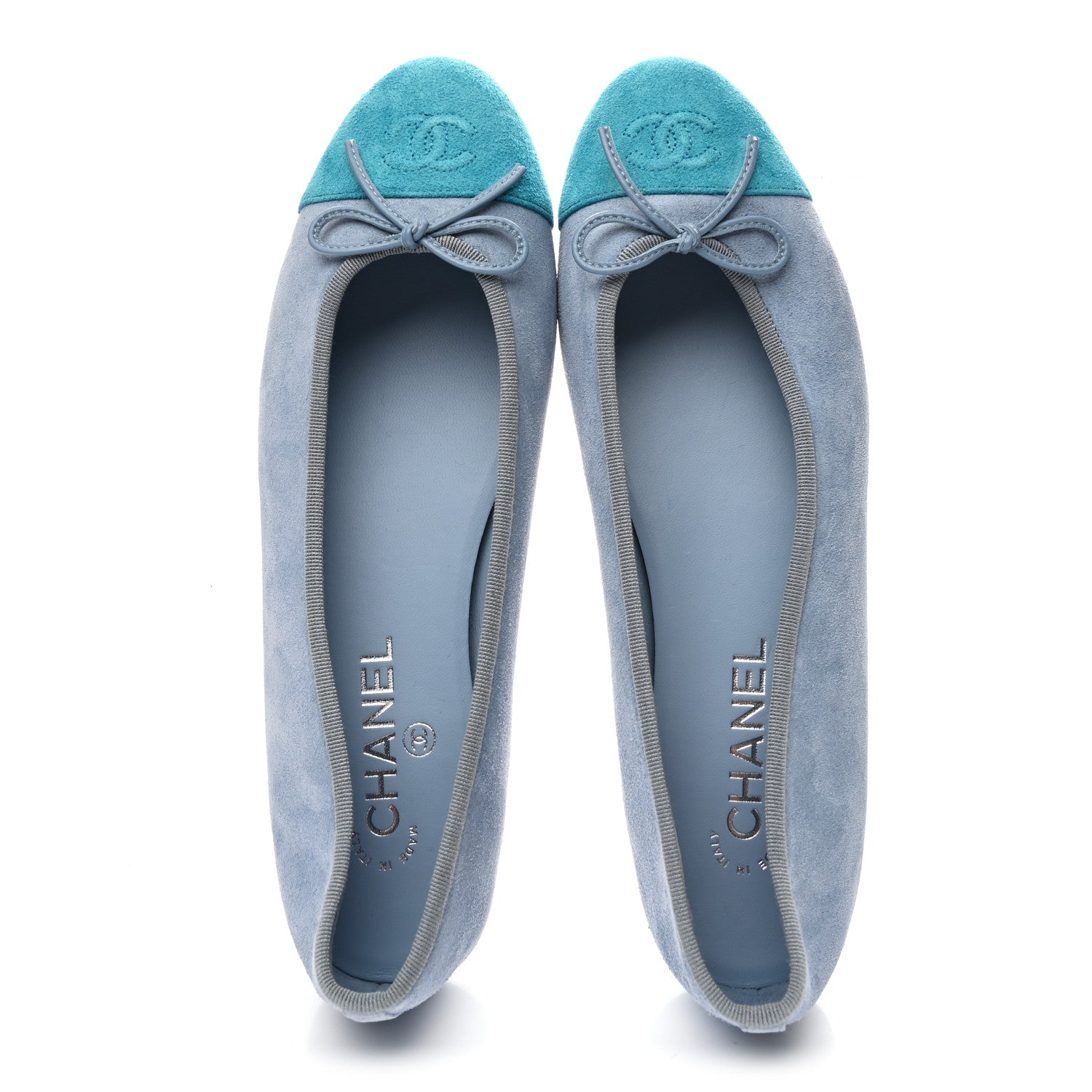 Chanel Suede Calfskin Cap Toe CC Ballerina Flats 40.5 Light Blue Turquoise