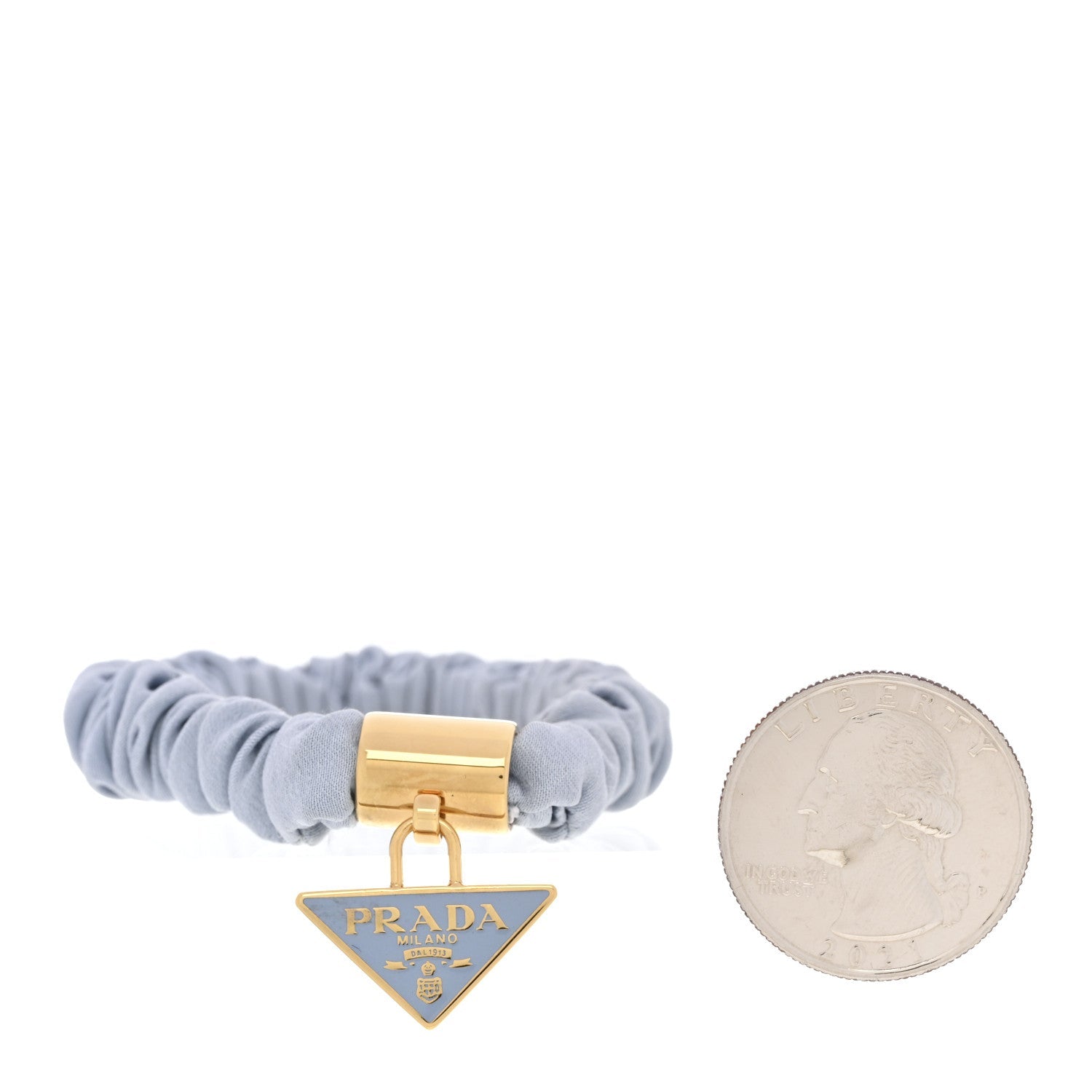 Prada Satin Metal Logo Charm Hair Tie Scrunchie Celeste