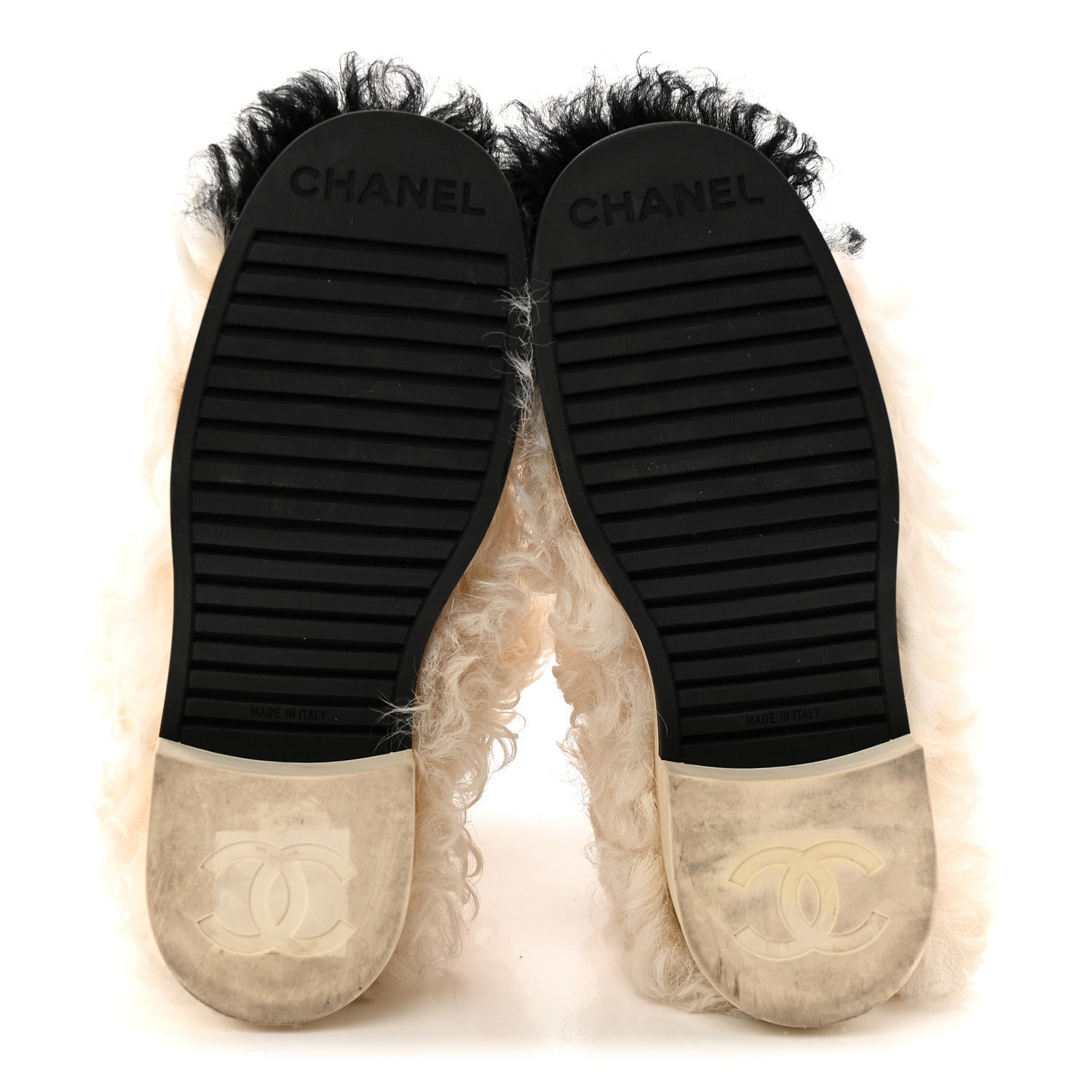 Chanel Shearling Sheepskin High Boots 37.5 Ivory Black