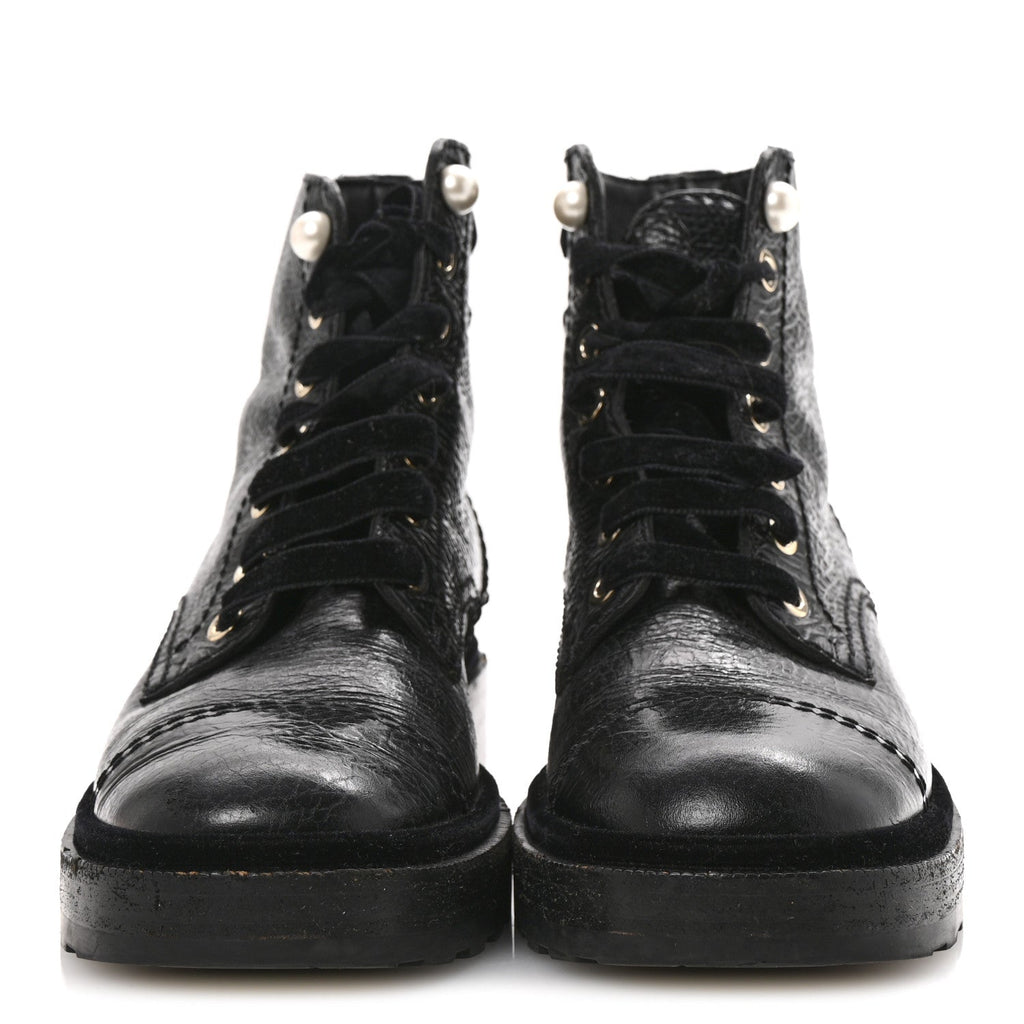 Chanel Shiny Calfskin Velvet Pearl Combat Short Boots 36 Black