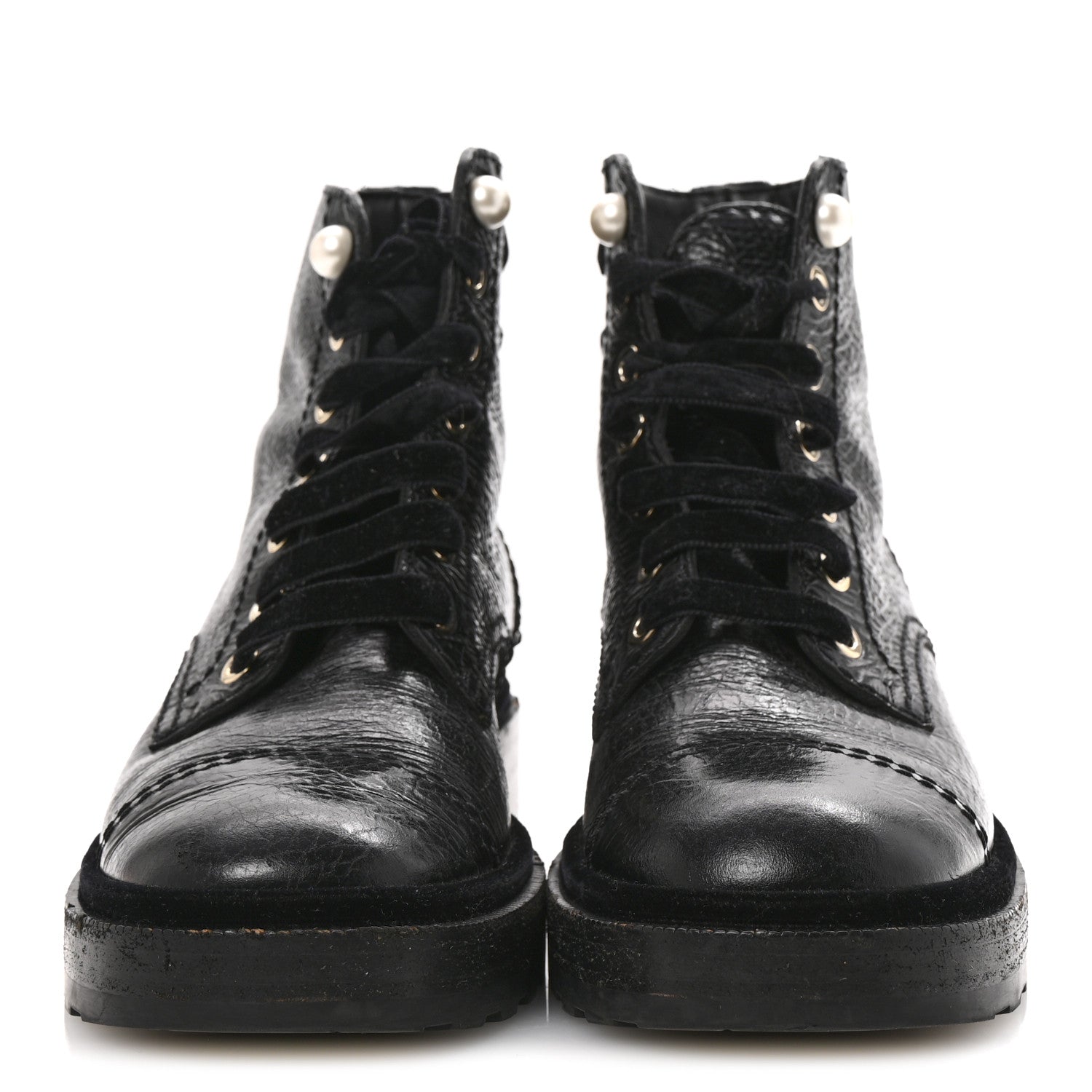 Chanel Shiny Calfskin Velvet Pearl Combat Short Boots 36 Black