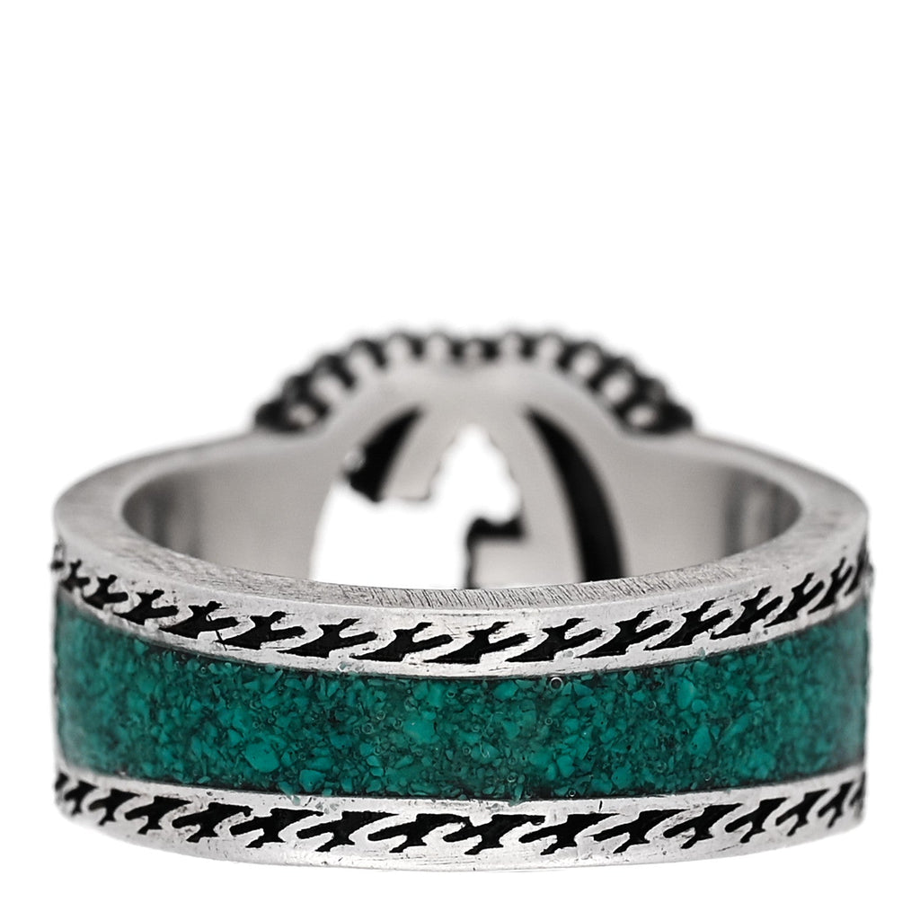 Gucci Sterling Silver Enamel Interlocking G Band Ring 50 5.25 Turquoise