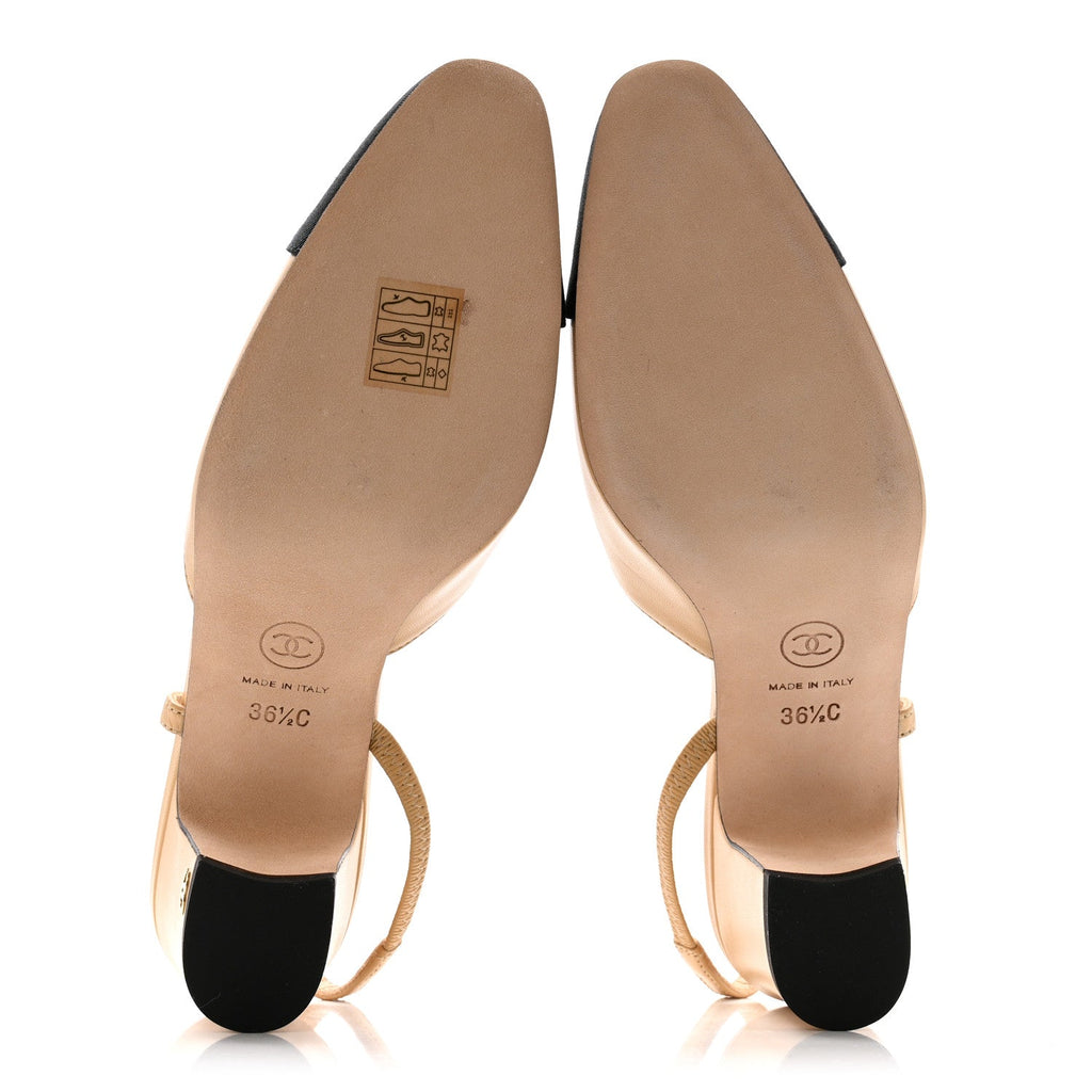 Goatskin Grosgrain Cap Toe CC Slingback Pumps 36.5 Beige Black