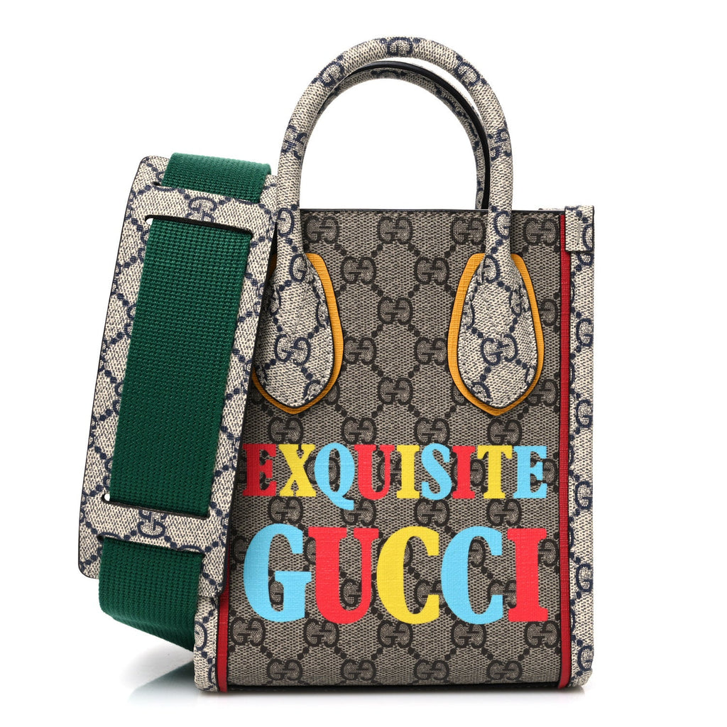 Gucci GG Supreme Monogram Exquisite Mini Vertical Tote Beige Ebony Blue Crop Live Red