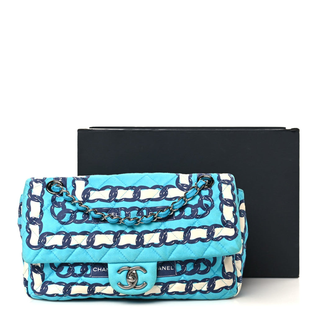Chanel Silk Chain Printed Medium Single Flap Blue