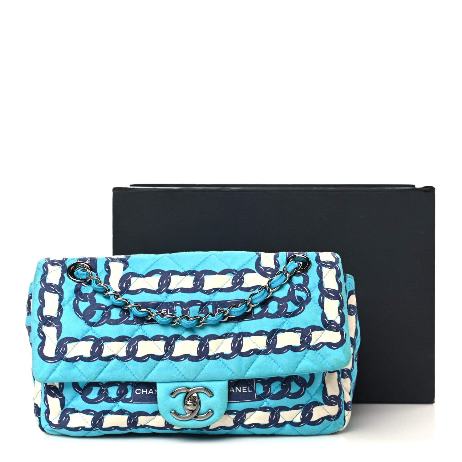 Chanel Silk Chain Printed Medium Single Flap Blue