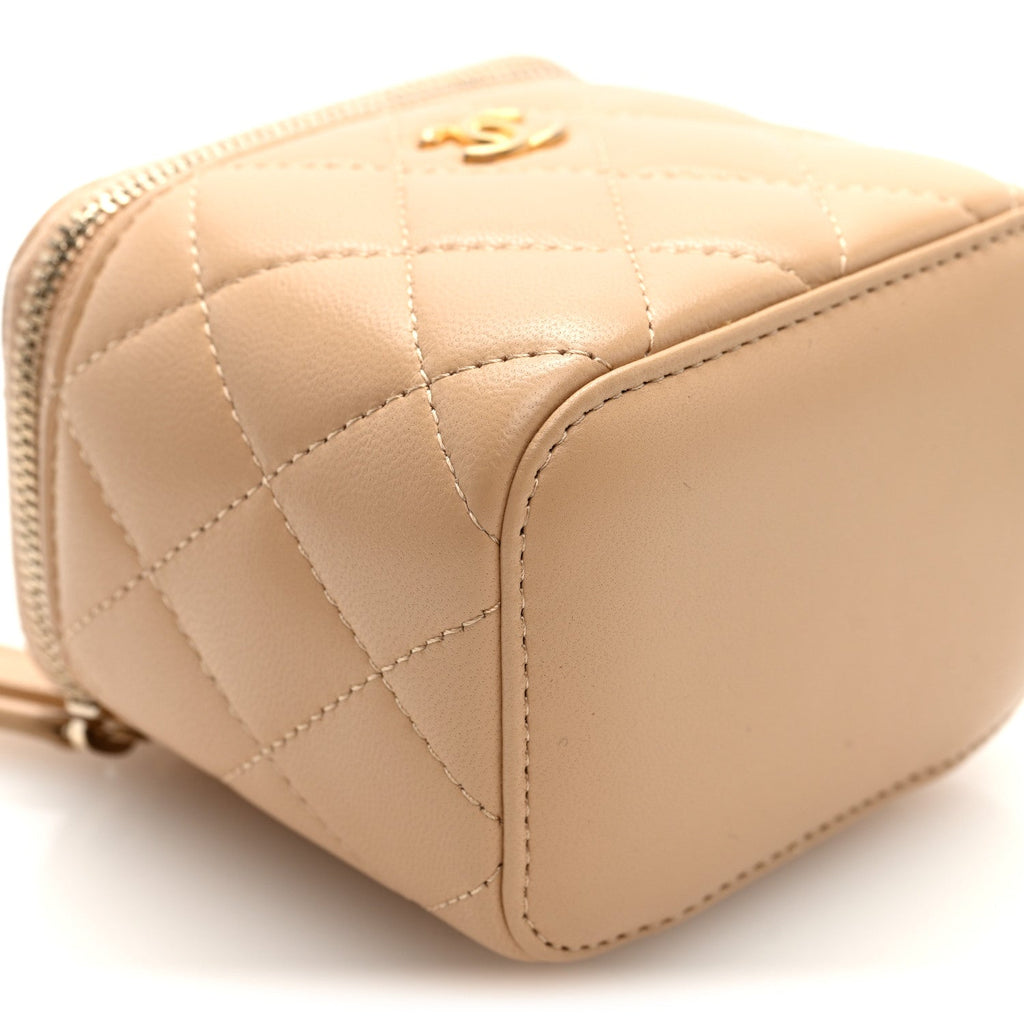 Chanel Lambskin Quilted Pearl Crush Mini Vanity Case With Chain Beige