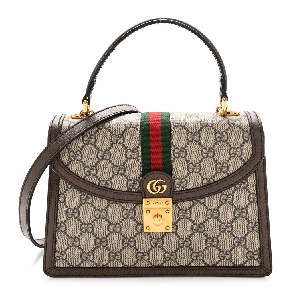 Gucci GG Supreme Monogram Textured Dollar Calfskin Web Small Ophidia Padlock Top Handle Bag Beige Ebony New Acero