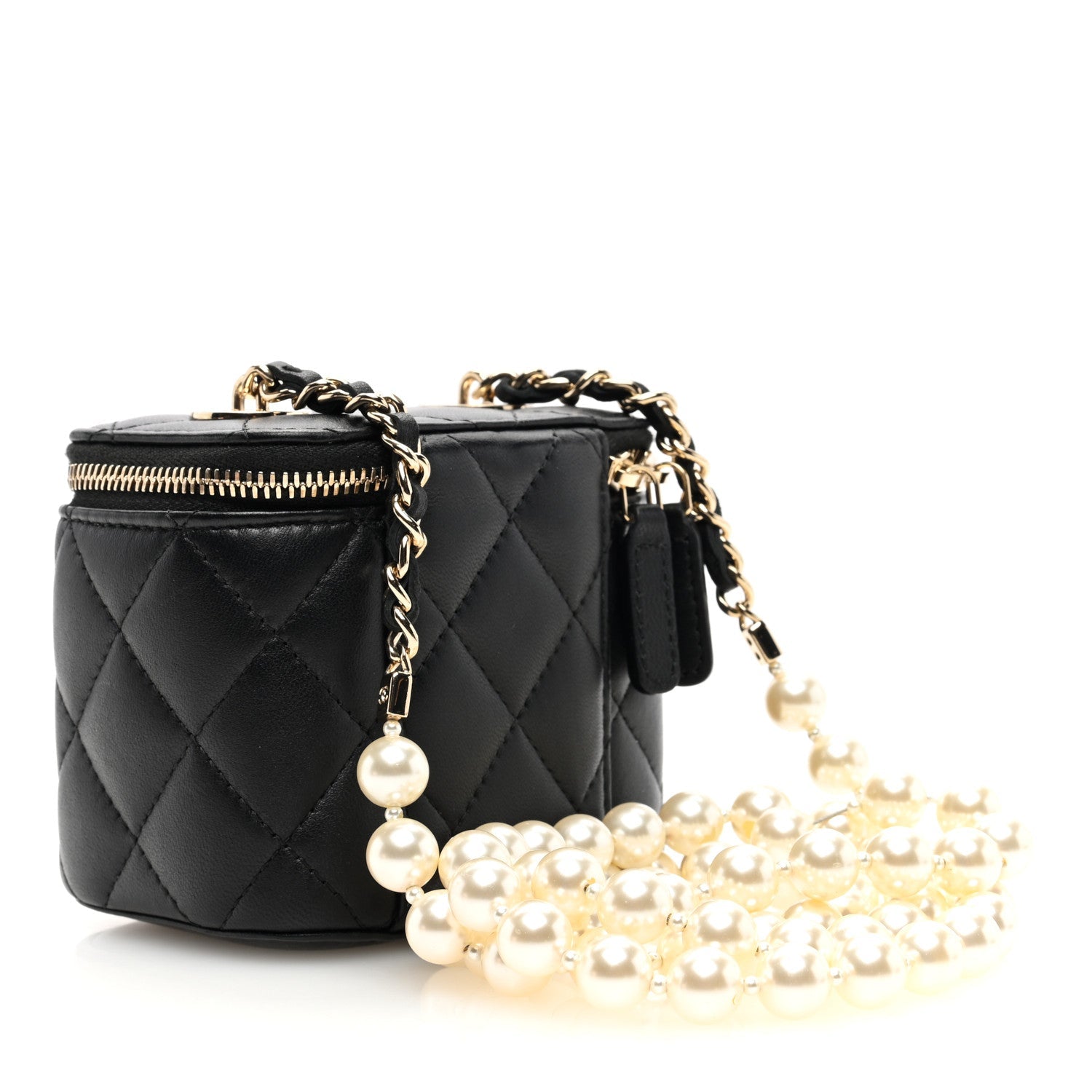 Chanel Lambskin Quilted Mini Vanity Case With Pearl Chain Black