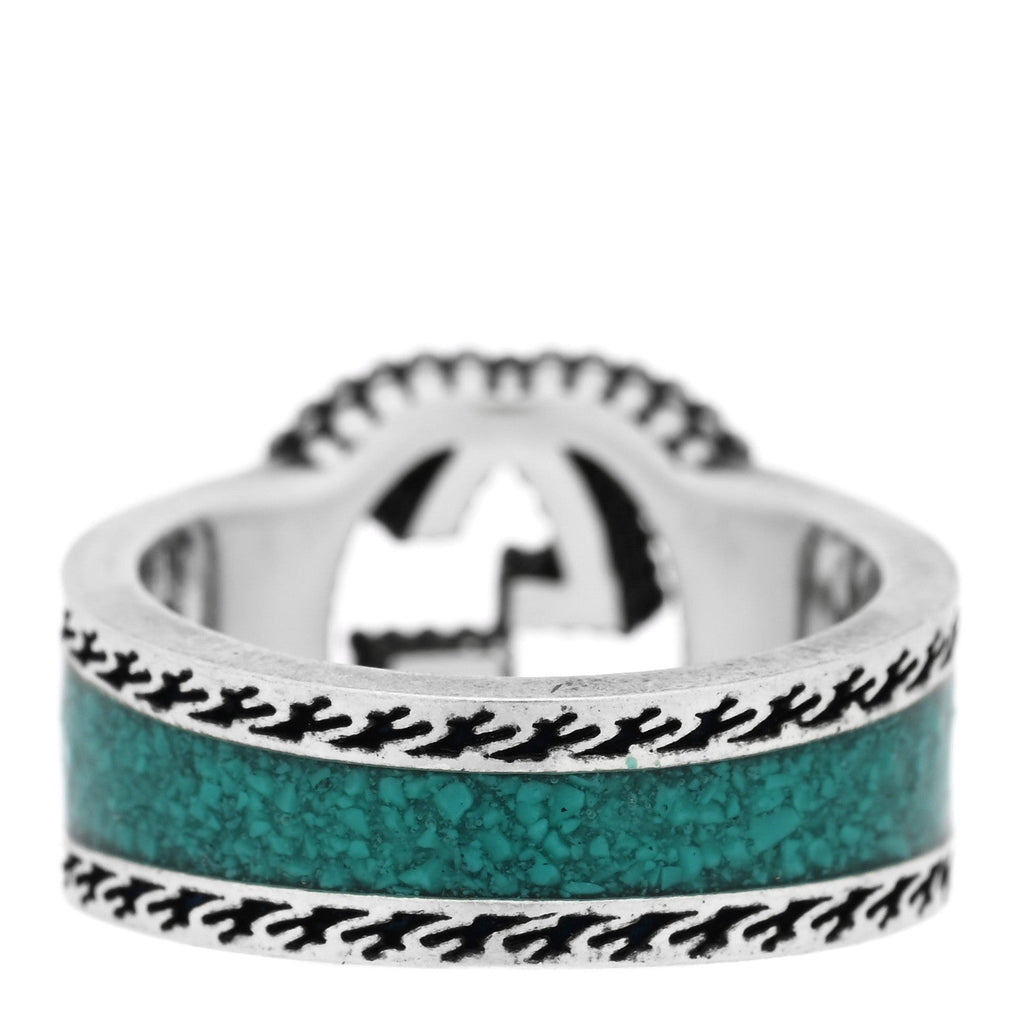 Gucci Sterling Silver Enamel Interlocking G Band Ring 50 5.5 Turquoise