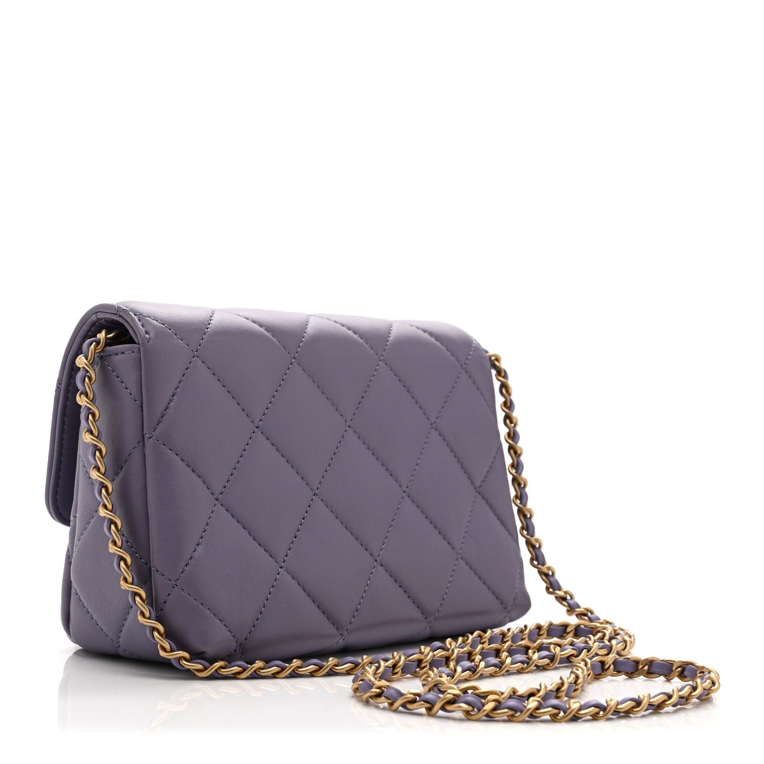 Chanel Shiny Lambskin Quilted Mini Pearl Logo Flap Light Purple