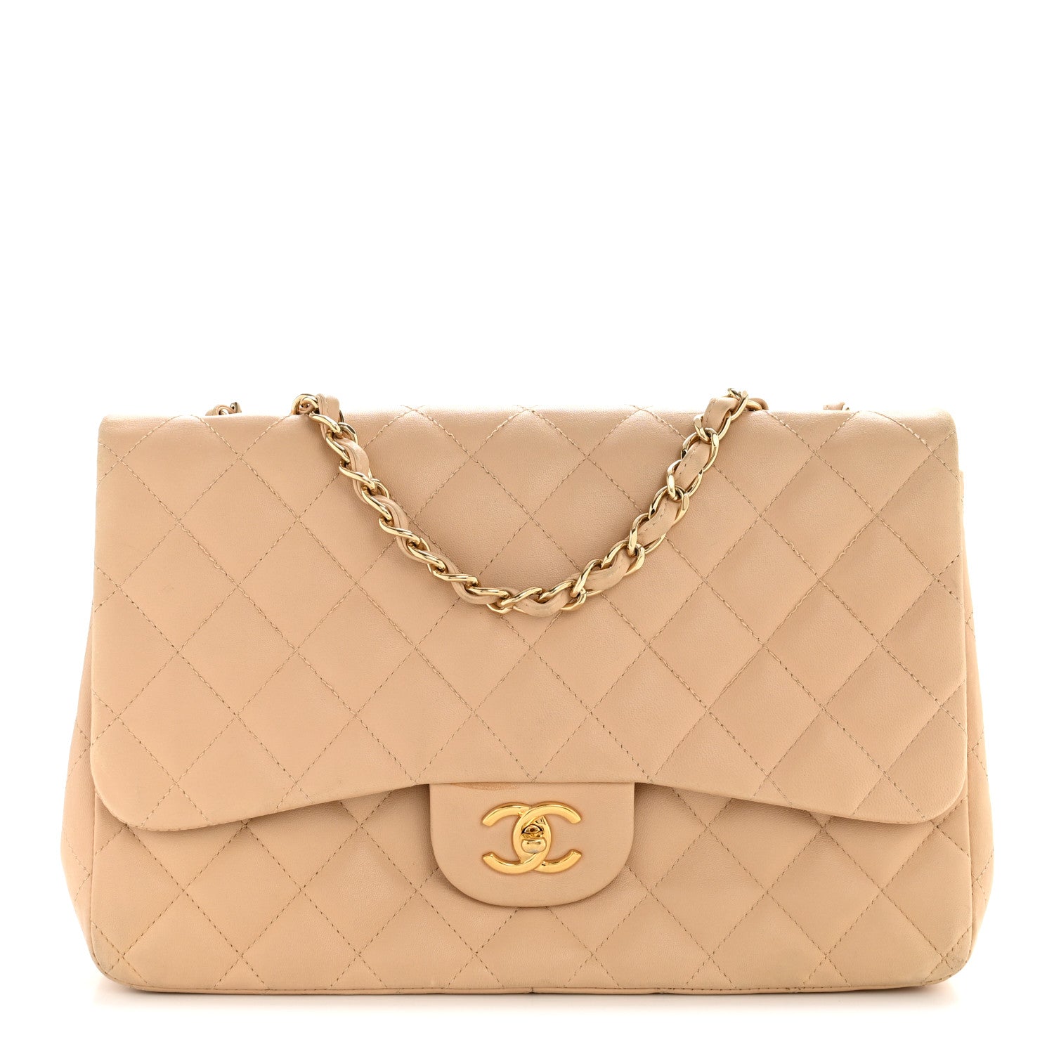 Chanel Lambskin Quilted Jumbo Single Flap Beige