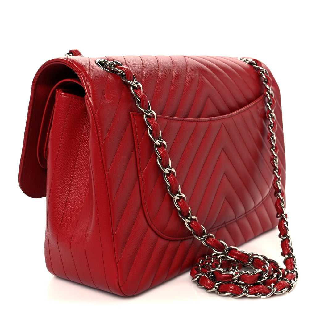 Chanel Caviar Chevron Quilted Jumbo Double Flap Dark Red