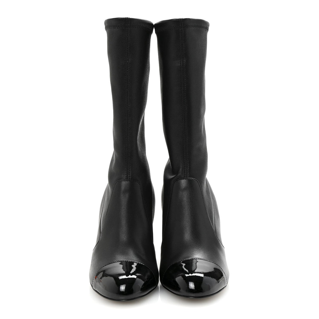 Chanel Stretch Lambskin Patent Cap Toe Pearl Ball Mid Calf Boots 35 Black