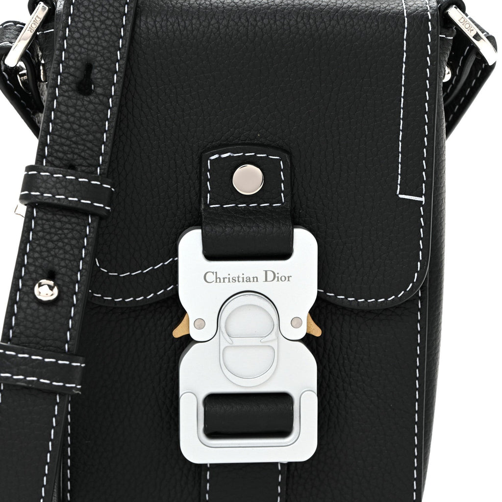 Christian Dior Grained Calfskin Vertical Saddle Pouch With Strap Black