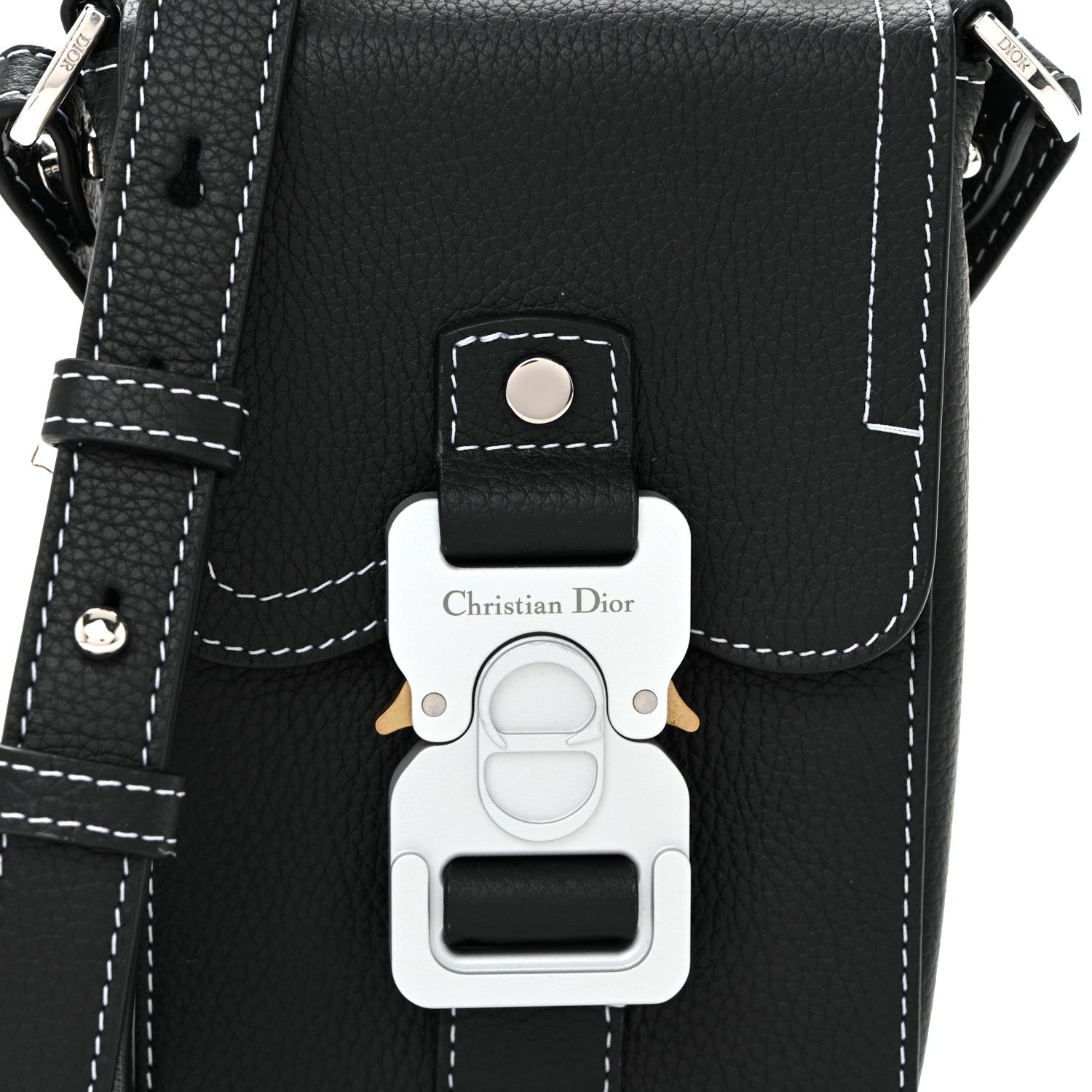 Christian Dior Grained Calfskin Vertical Saddle Pouch With Strap Black