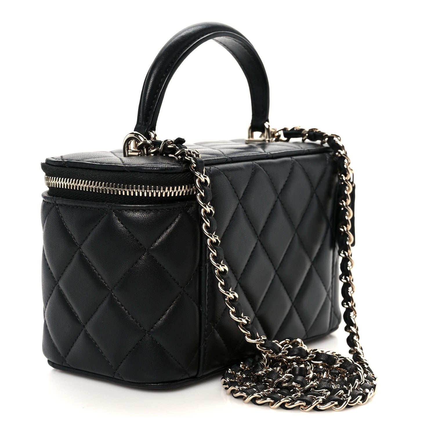 Chanel Lambskin Quilted Small Top Handle Vanity Case With Chain Black