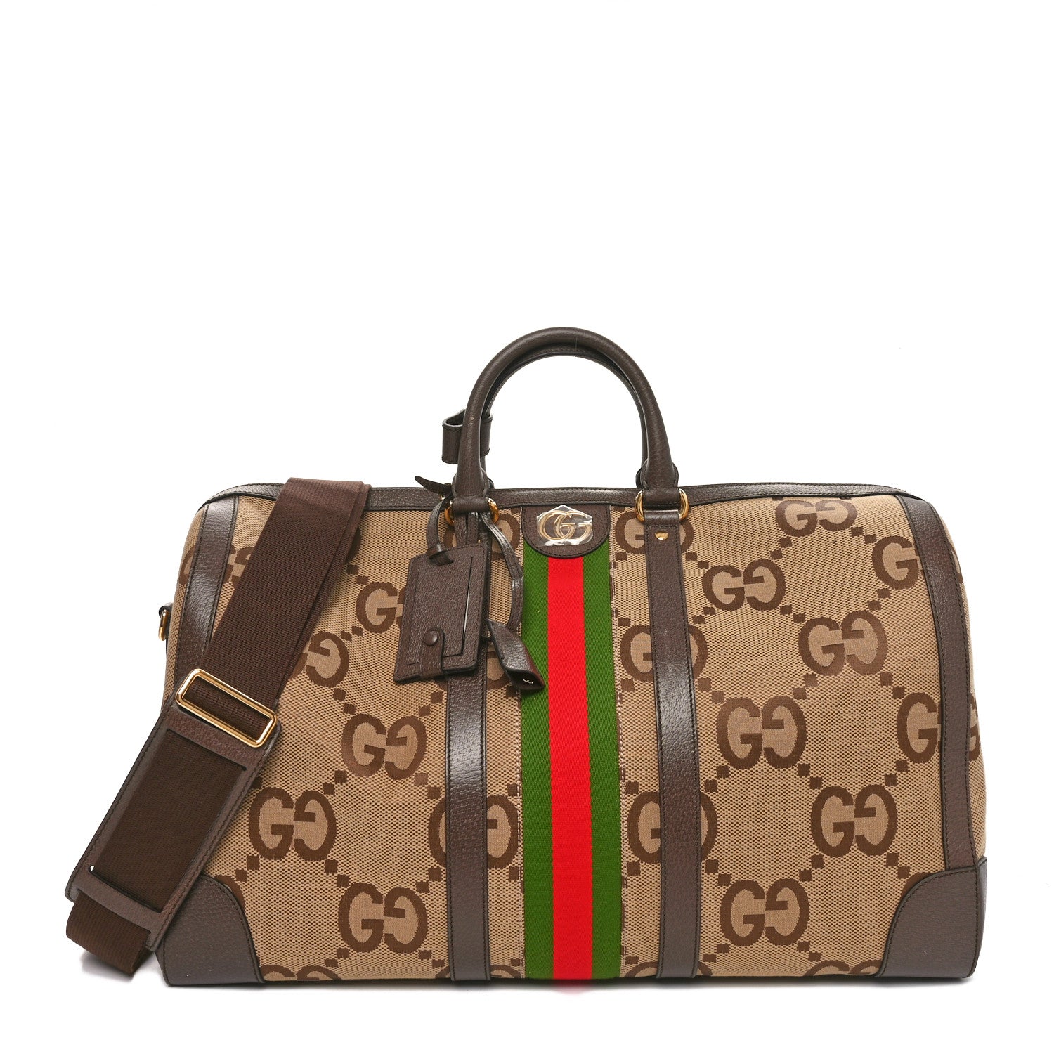 Gucci Monogram Jumbo GG Textured Dollar Calfskin Web Large Duffle Bag Camel Ebony