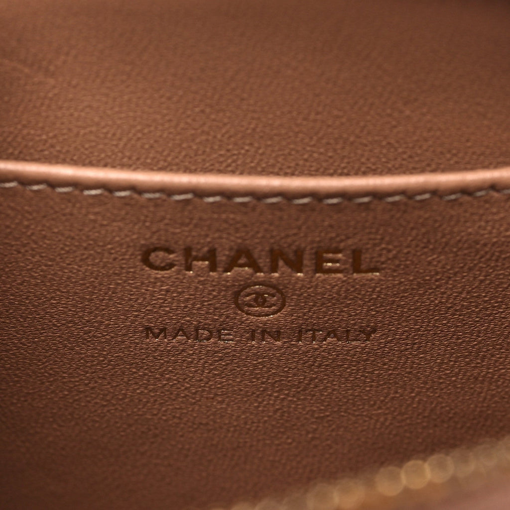 Chanel Shearling Quilted Shiny Coco Clutch With Chain Dark Beige