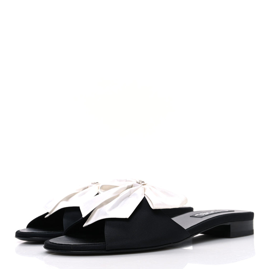 Chanel Silk Bow CC Mules 41 Black White