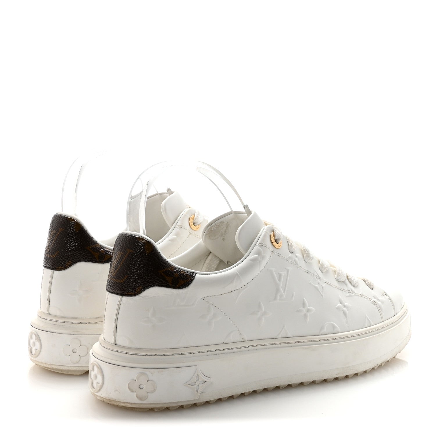 Louis Vuitton Lambskin Embossed Monogram Time Out Sneakers 40 White