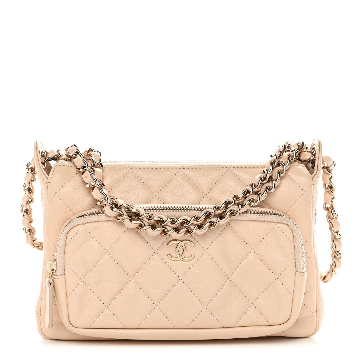 Chanel Shiny Crumpled Lambskin Quilted Small Preppy Pocket Clutch With Chain Beige