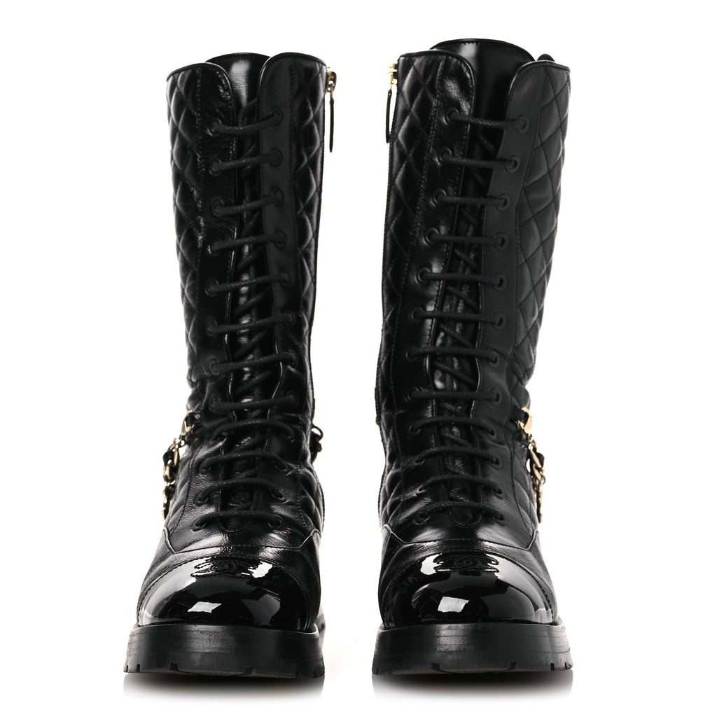 Chanel Shiny Calfskin Patent Quilted Chain Lace Up Combat Long Boots 37 Black