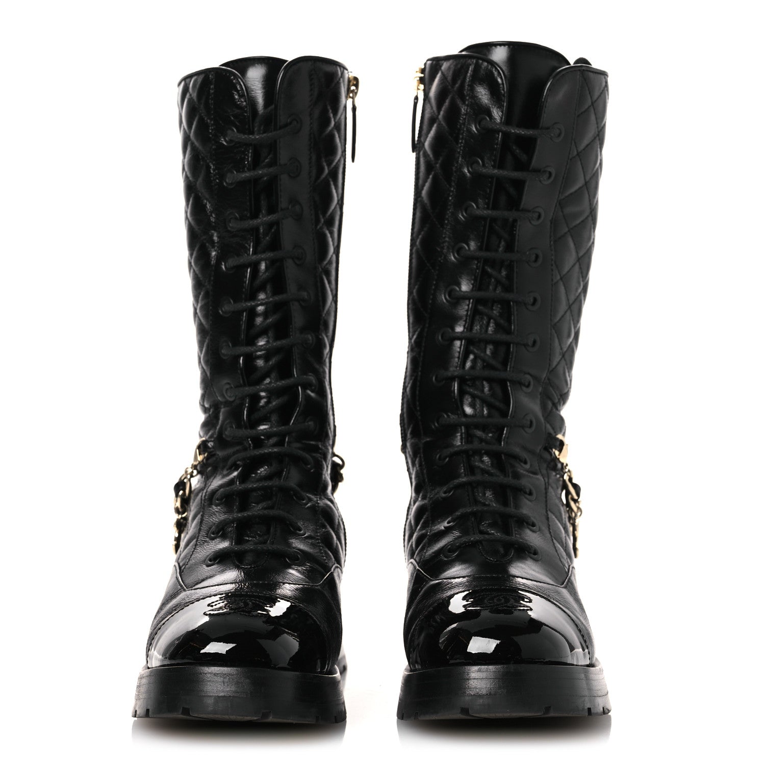 Chanel Shiny Calfskin Patent Quilted Chain Lace Up Combat Long Boots 37 Black