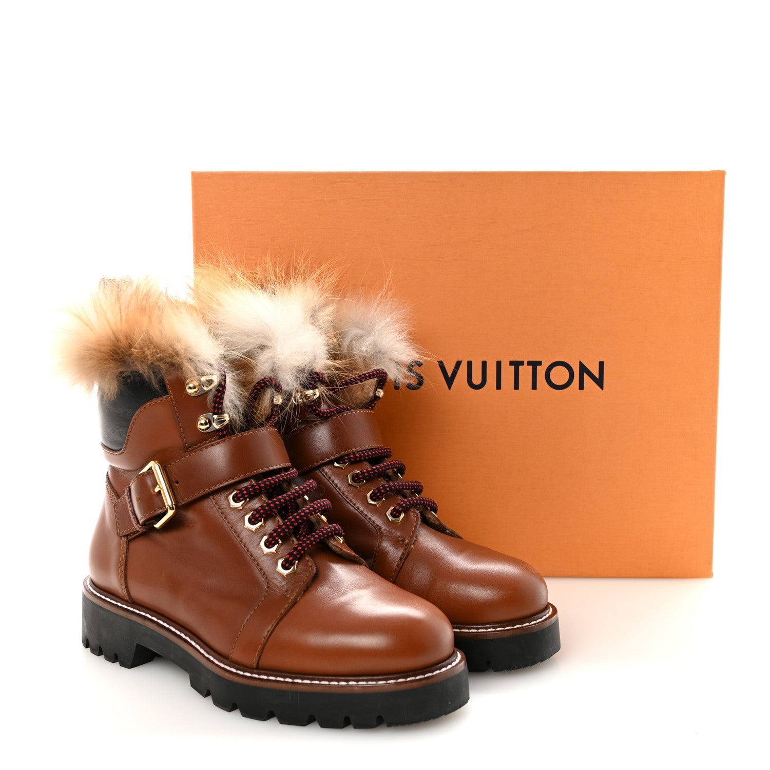 Louis Vuitton Calfskin Fur Territory Flat Ranger Combat Boots 37 Cognac