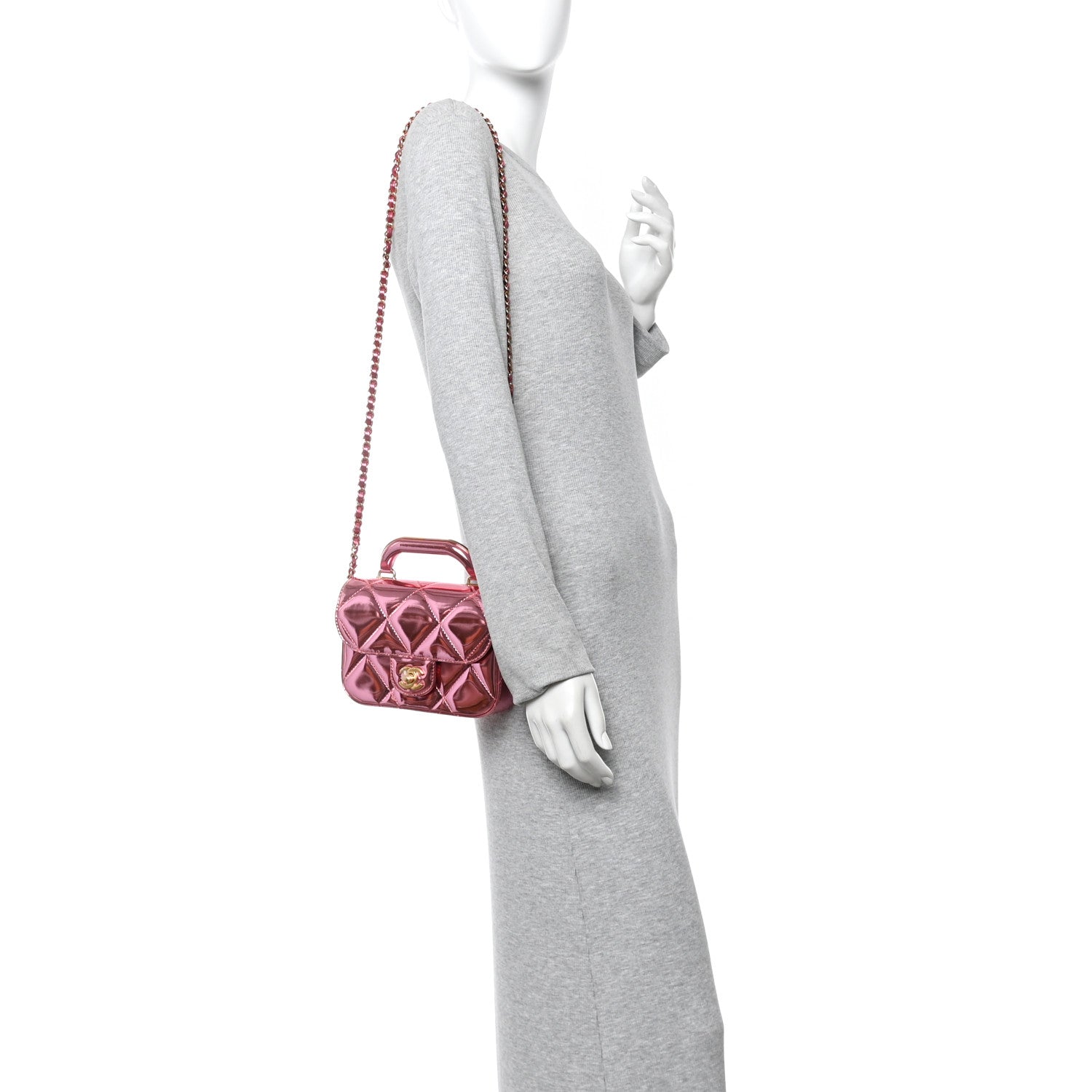 Chanel Mirror Metallic Calfskin Quilted Mini Top Handle Flap Pink
