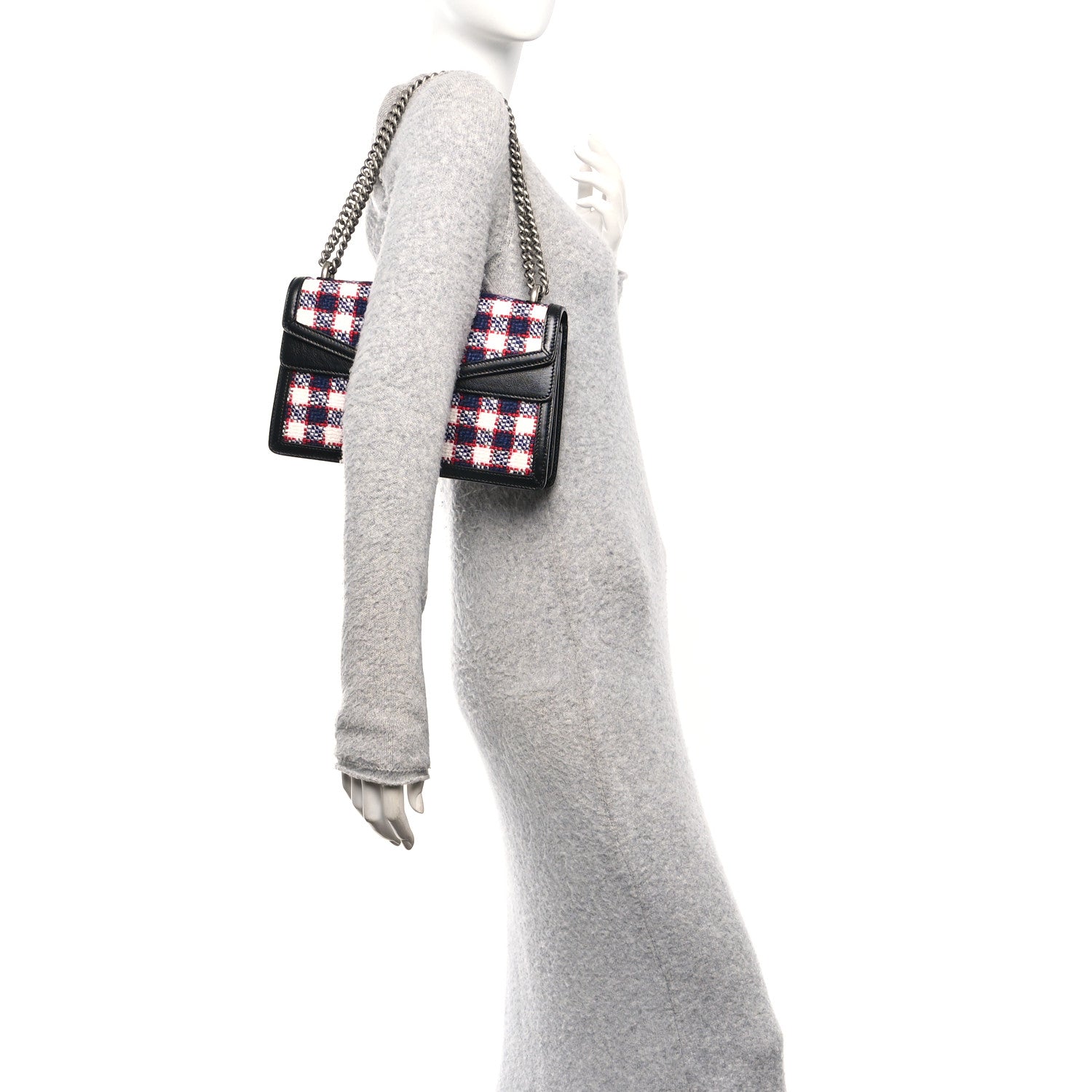 Gucci Vintage Tweed Check Small Dionysus Shoulder Bag White Hibiscus Red Marine