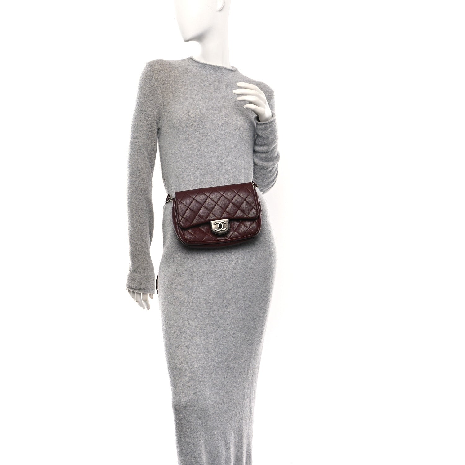 Chanel Shiny Goatskin Quilted Small Double Carry Waist Chain Flap Burgundy