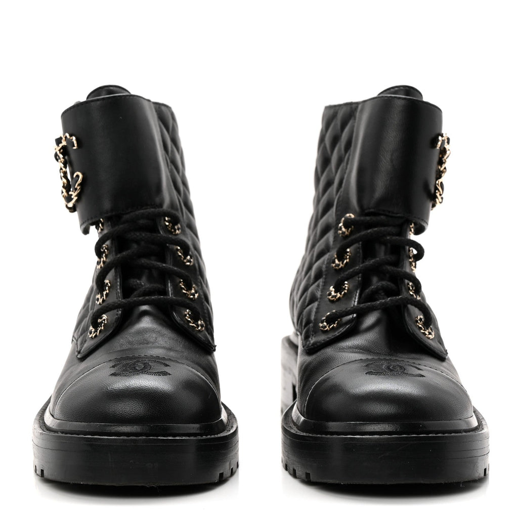 Chanel Shiny Lambskin Quilted Lace Up Combat Boots 38.5 Black