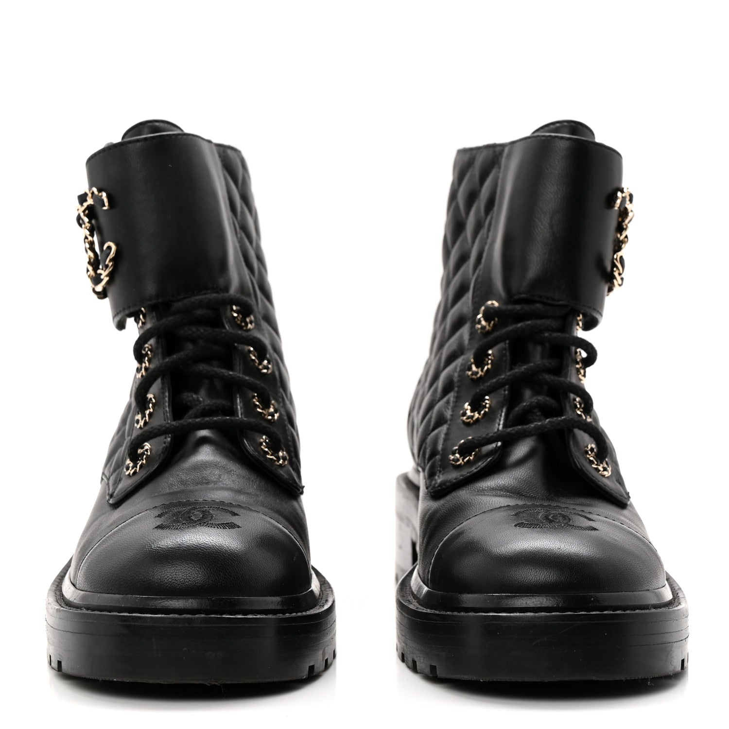 Chanel Shiny Lambskin Quilted Lace Up Combat Boots 38.5 Black