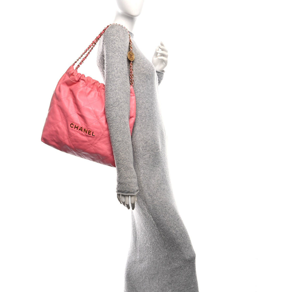 Chanel Shiny Calfskin Quilted Chanel 22 Drawstring Bag Coral Pink