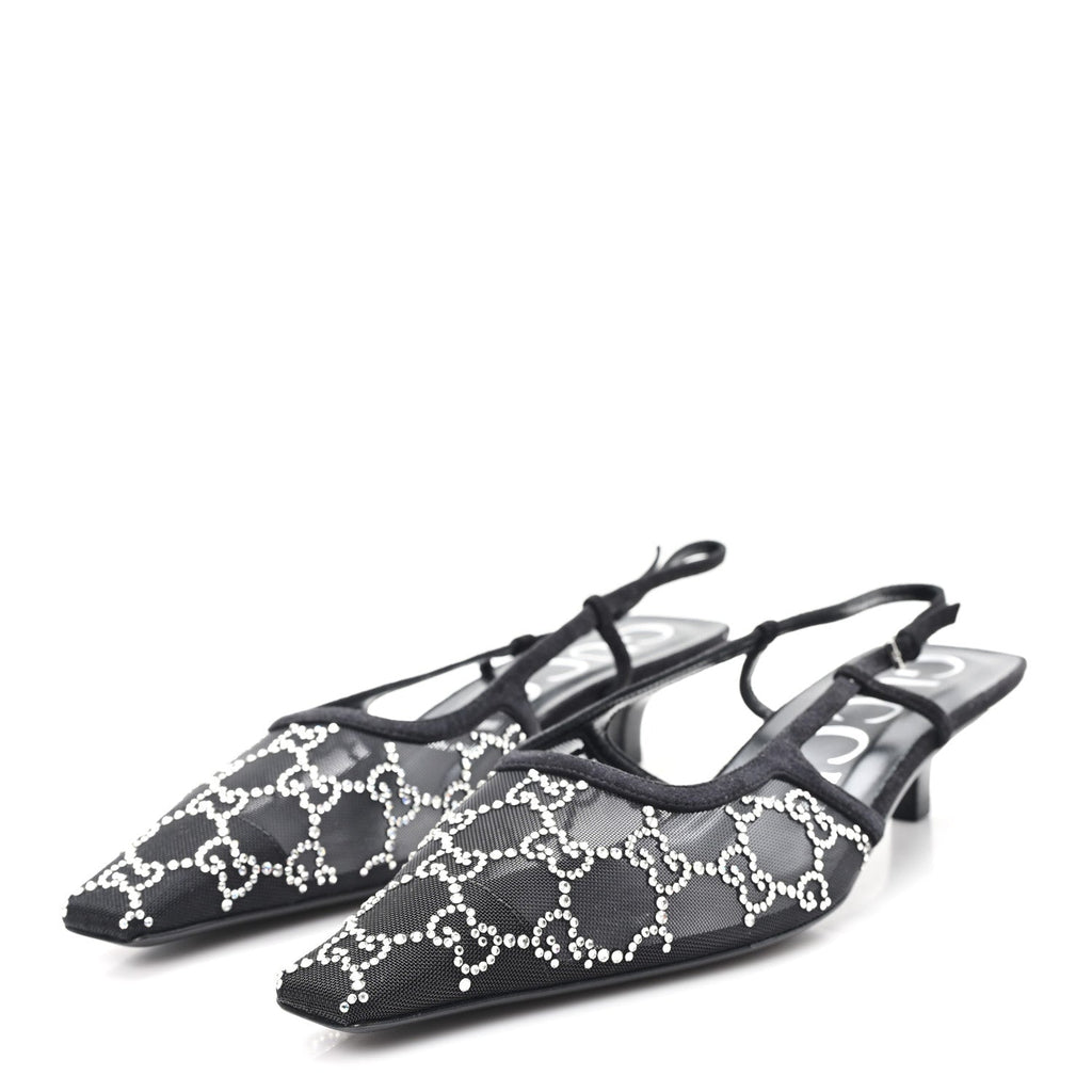 Gucci Tela Retino Kid Scamosciato Crystal GG Monogram Square G 35mm Slingback Pumps 39.5 Black