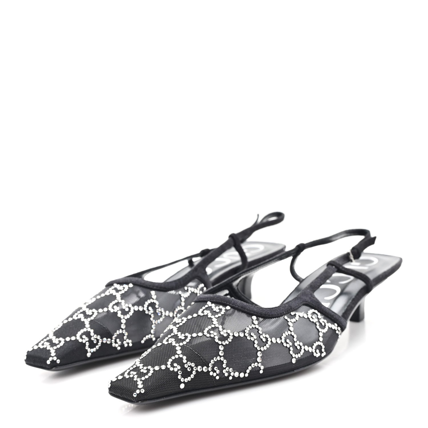 Gucci Tela Retino Kid Scamosciato Crystal GG Monogram Square G 35mm Slingback Pumps 39.5 Black