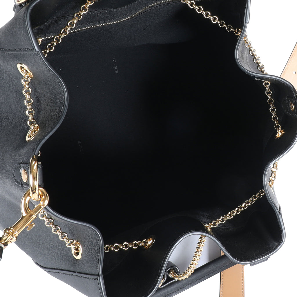 FENDI Black Vitello Leather Karligraphy Chain Bucket Bag