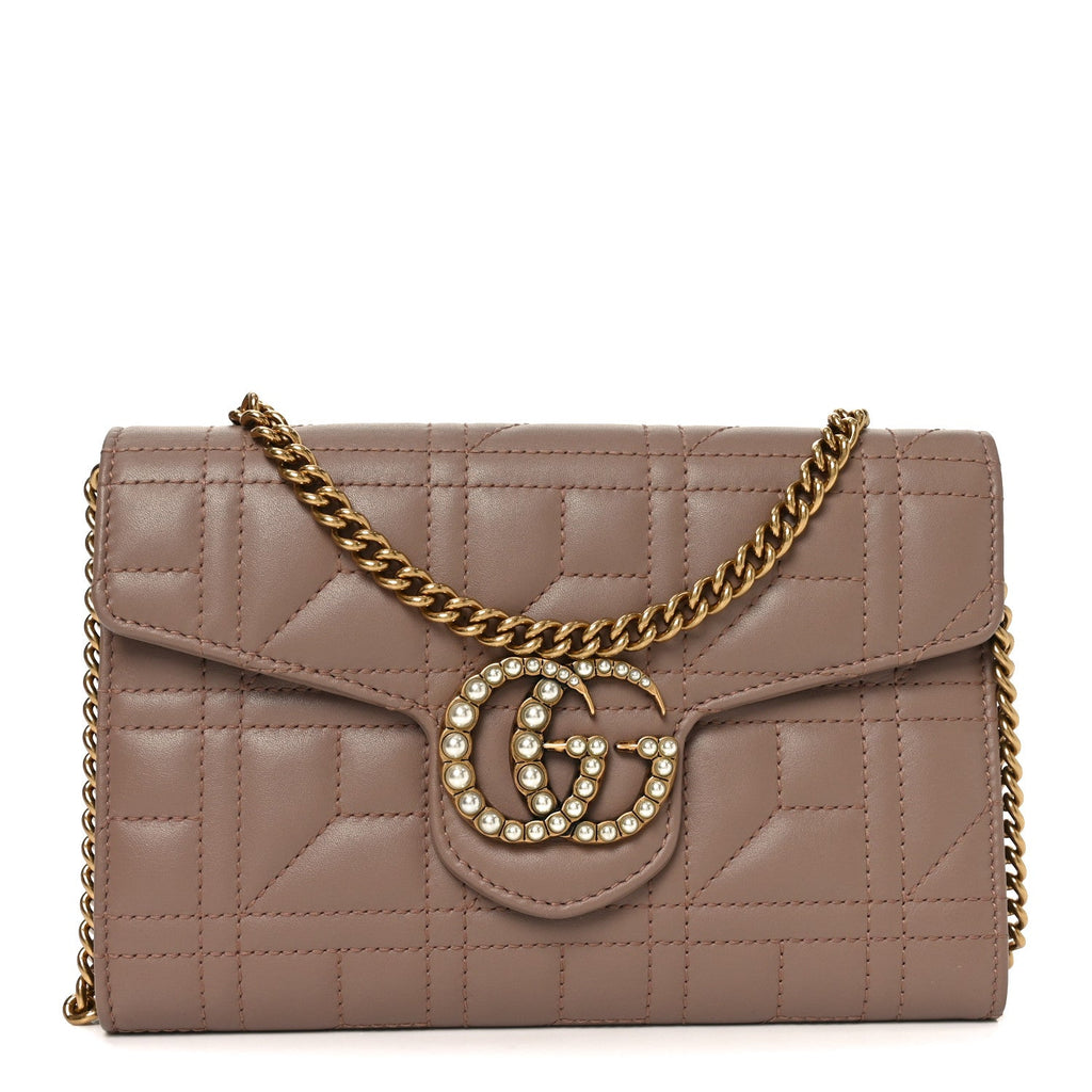 Gucci Calfskin Matelasse Mini Pearly GG Marmont Chain Wallet Porcelain Rose
