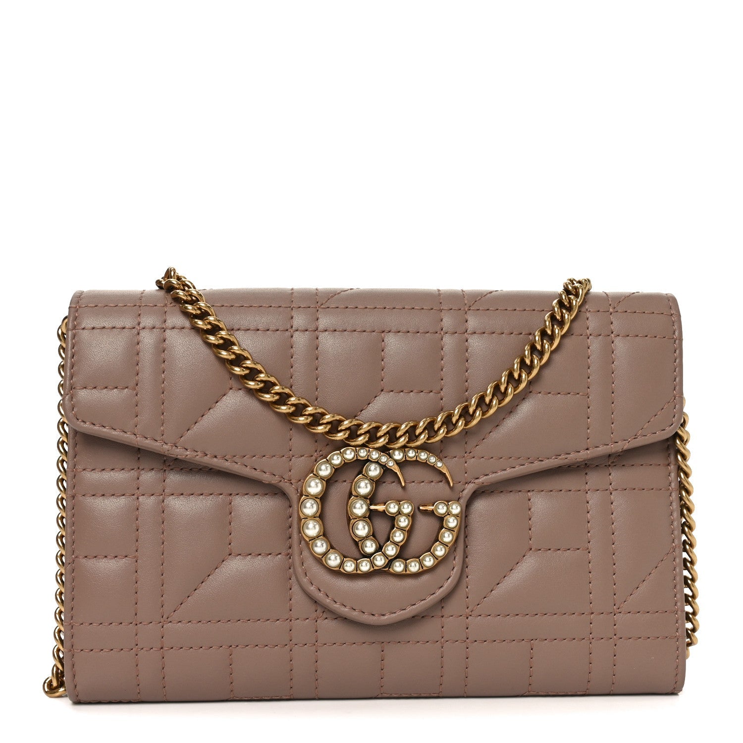 Gucci Calfskin Matelasse Mini Pearly GG Marmont Chain Wallet Porcelain Rose
