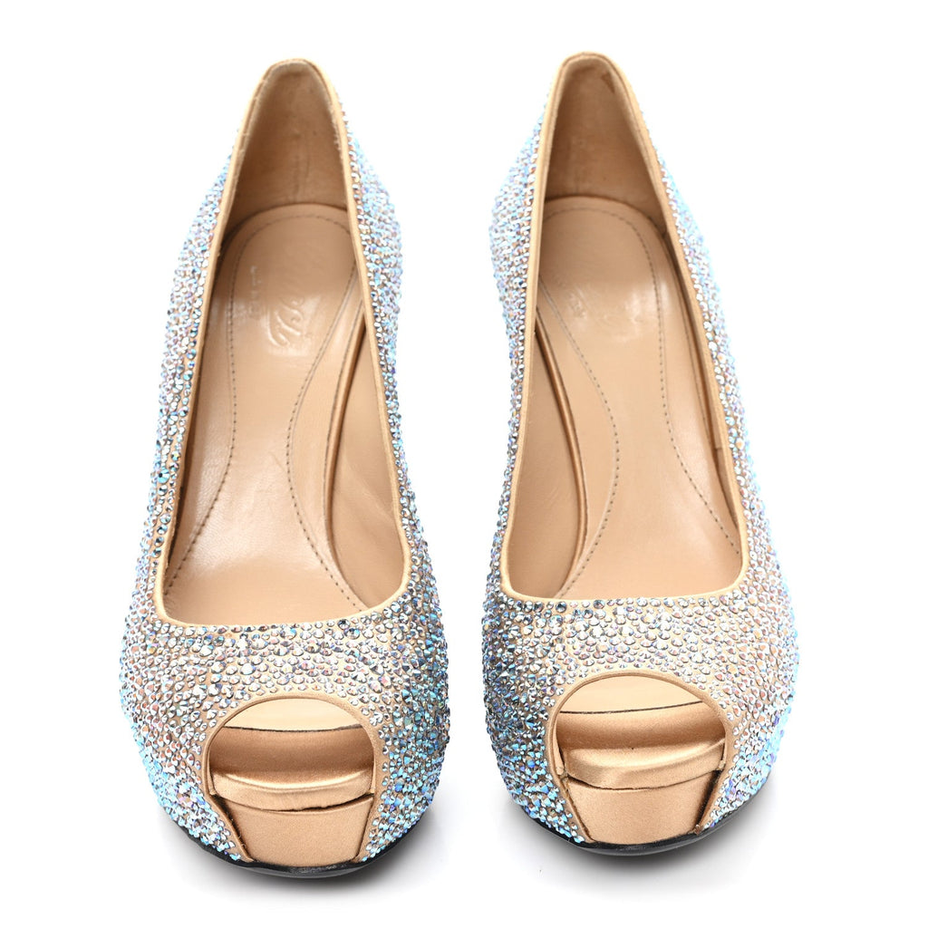 Gucci Satin Crystal Sofia Etoile Peep Toe Pumps 38 Blue