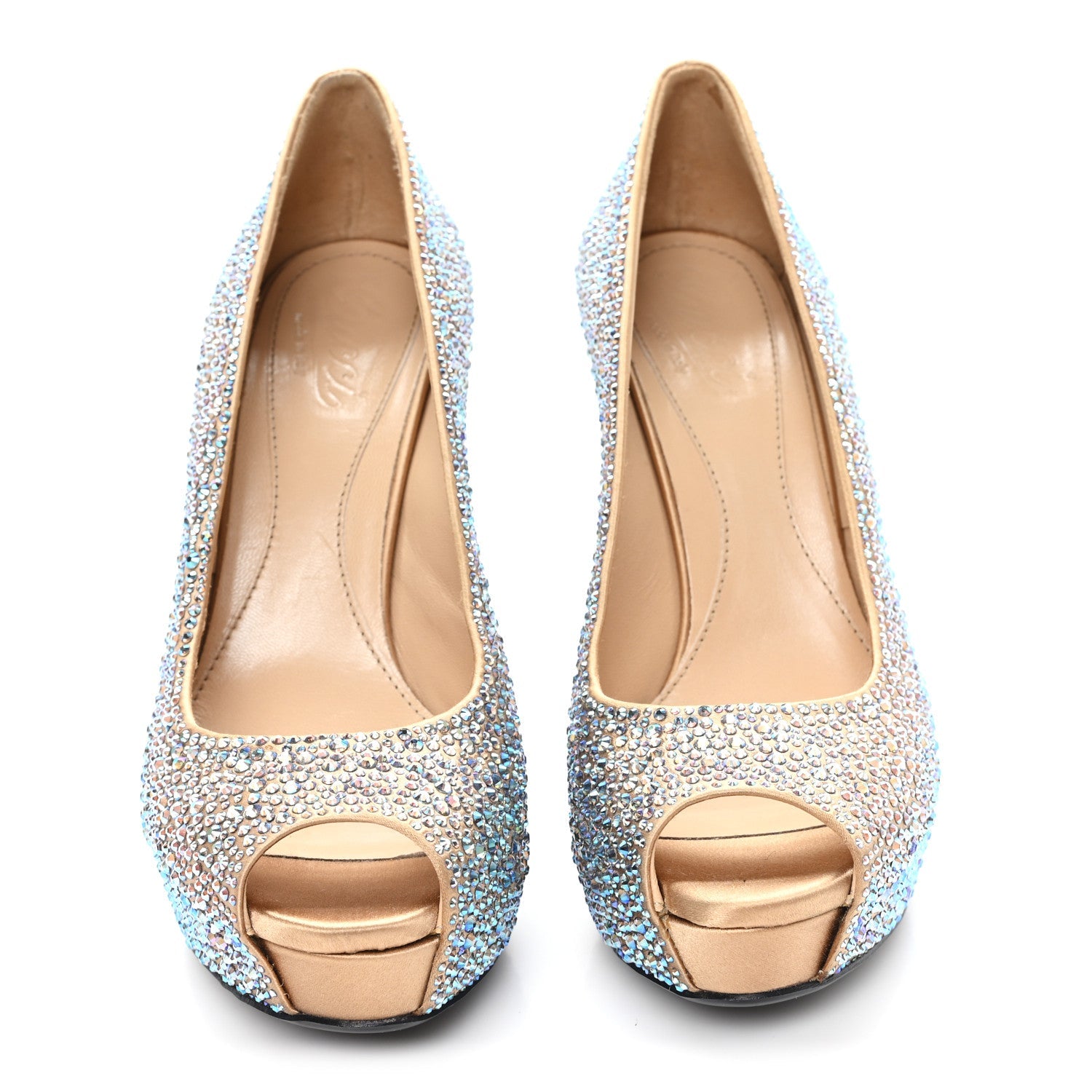 Gucci Satin Crystal Sofia Etoile Peep Toe Pumps 38 Blue