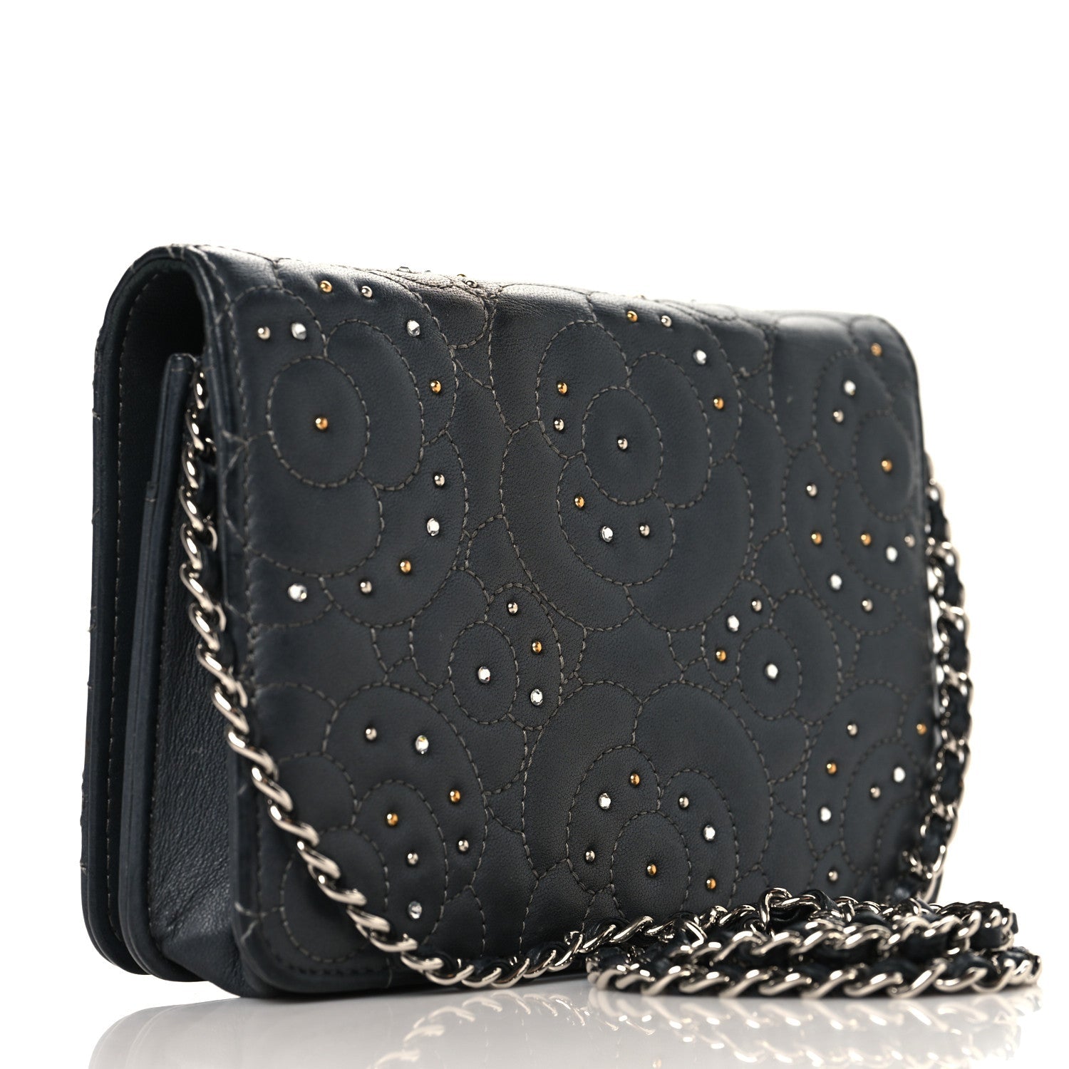 Chanel Lambskin Camellia Studded Wallet on Chain WOC Grey