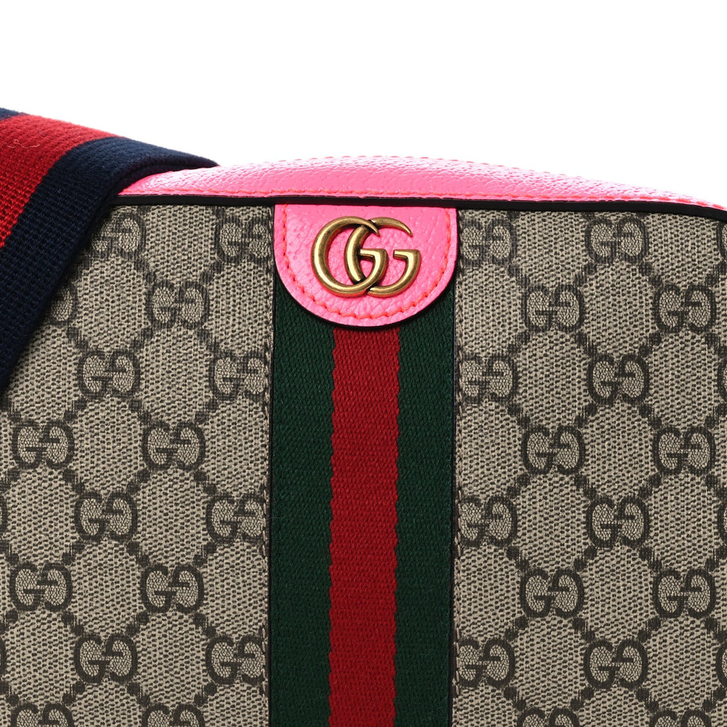 Gucci GG Supreme Monogram Textured Dollar Calfskin Web Ophidia Small Crossbody Bag Beige Ebony Fuchsia