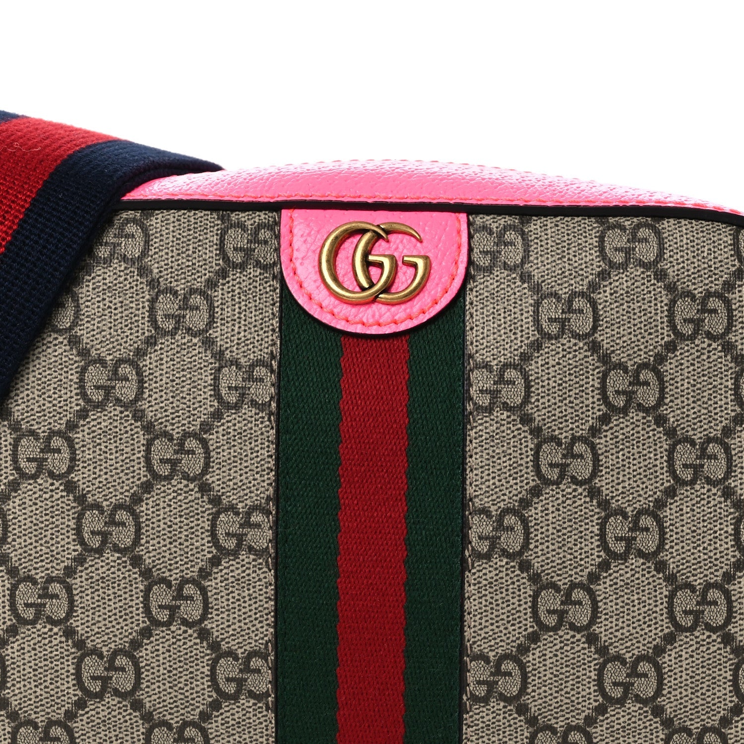 Gucci GG Supreme Monogram Textured Dollar Calfskin Web Ophidia Small Crossbody Bag Beige Ebony Fuchsia